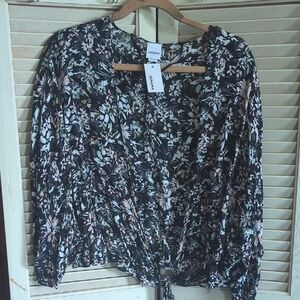 Sonoma Black and White Tie Front Long Sleeve Coverup